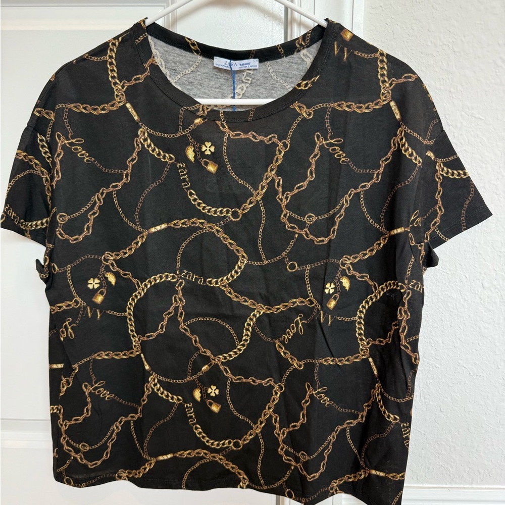 Zara Black Tee with Gold Chain Design